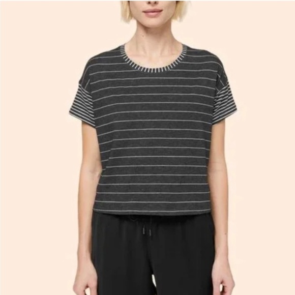 Lululemon Grey Striped Crop T Shirt - The Cates Tee Crop - Picture 1 of 5